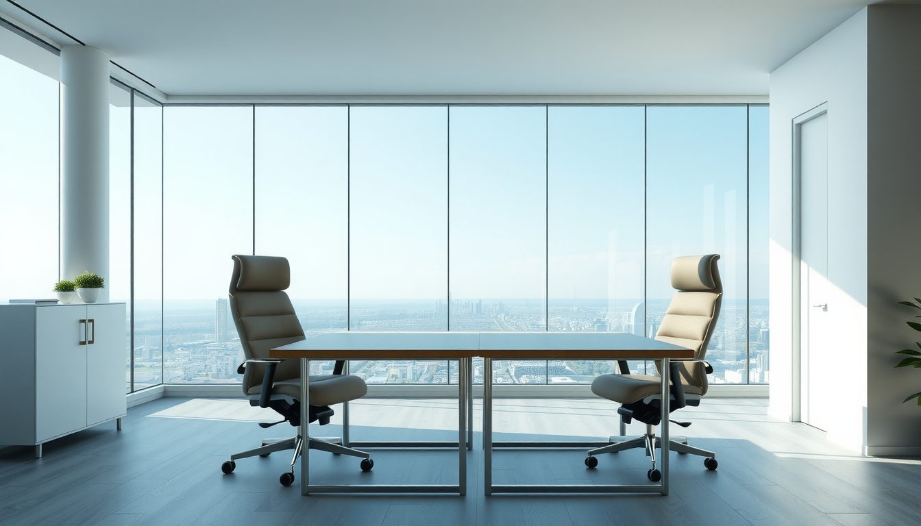 Bright office with a desk and chairs by tall windows