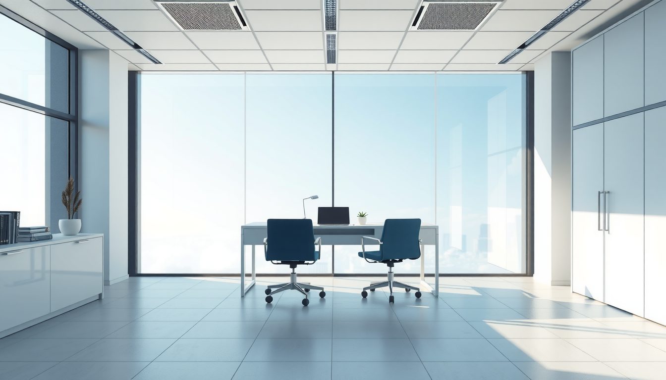 Bright, quiet office with desks and tall windows