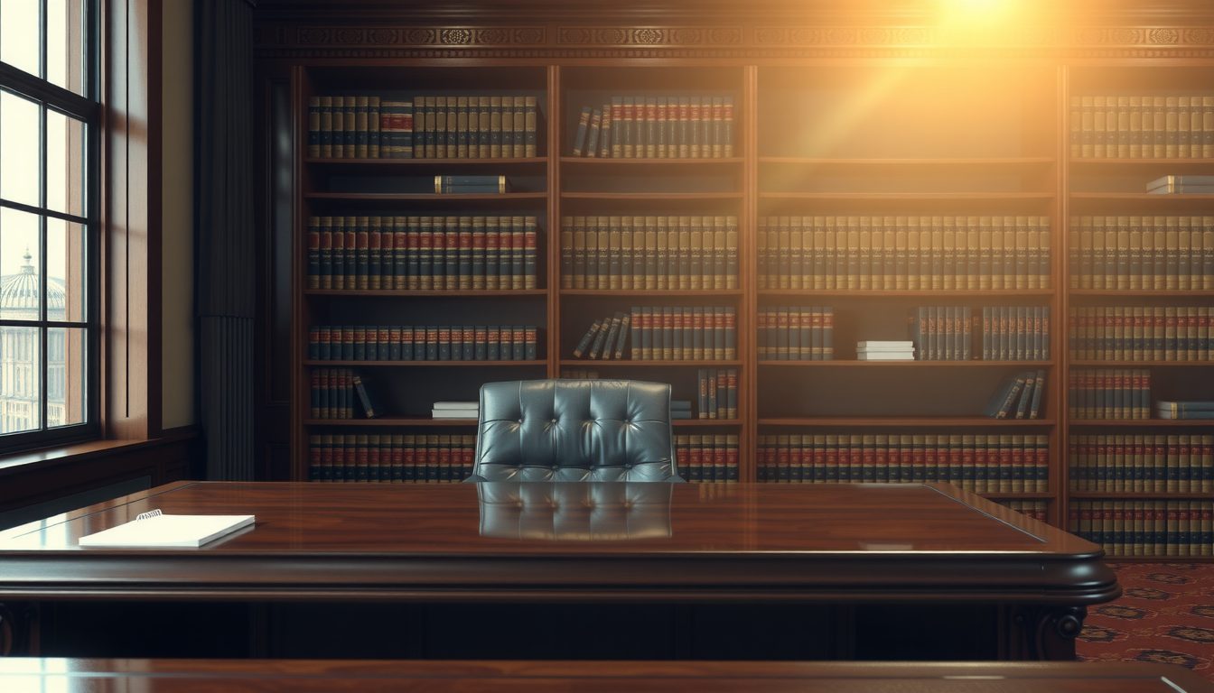 Law office with a wooden desk and shelves of books