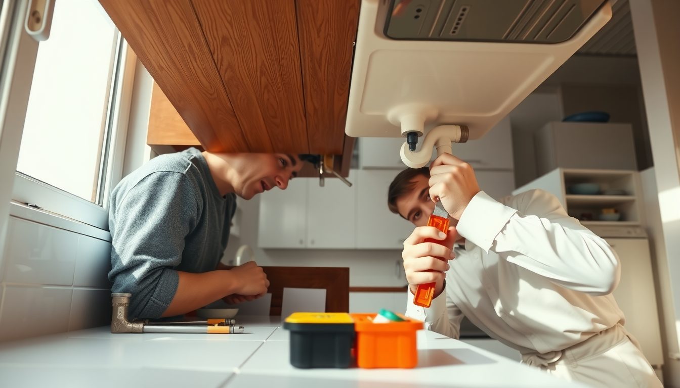 Plumber working under a sink