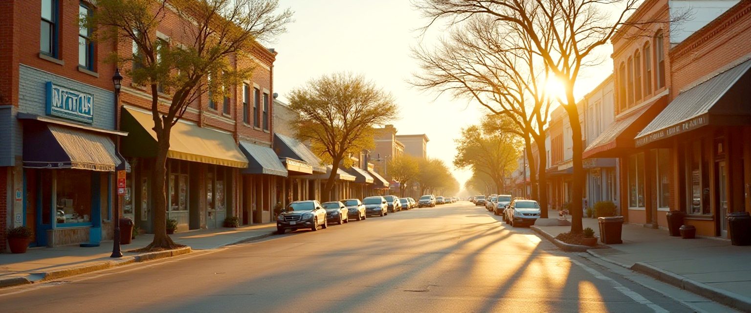 Main street in an East Texas town at sunset, with storefronts along the sidewalk