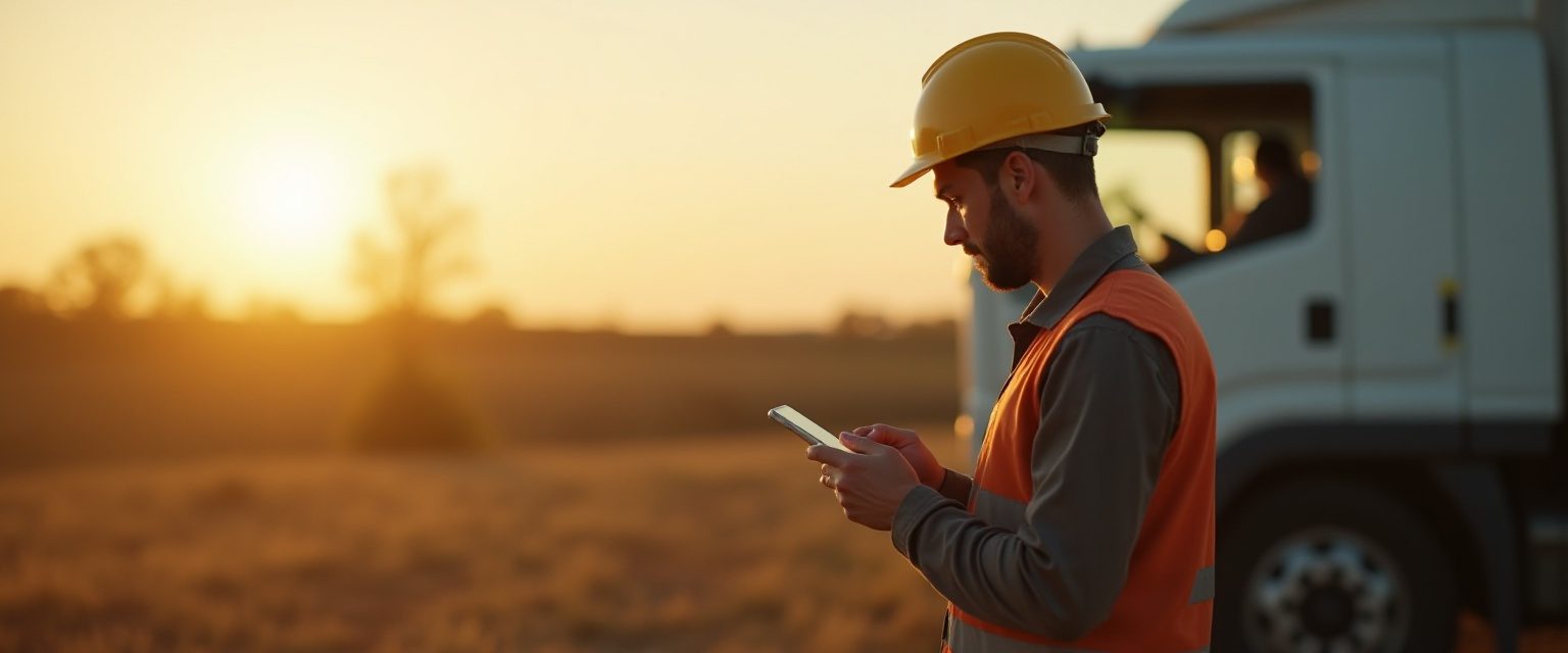 Contractor in a hard hat checking a phone beside a work truck at sunset