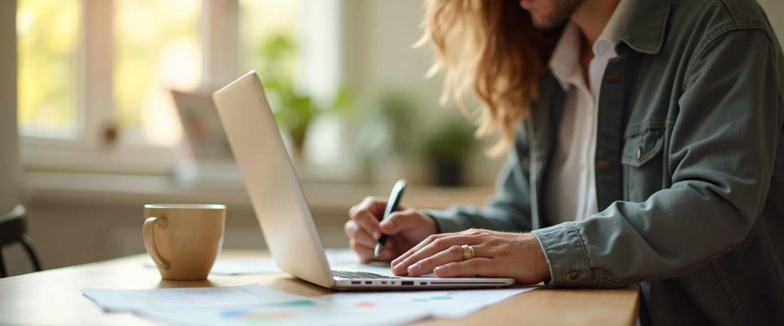 Small business owner working on a laptop at a sunny desk